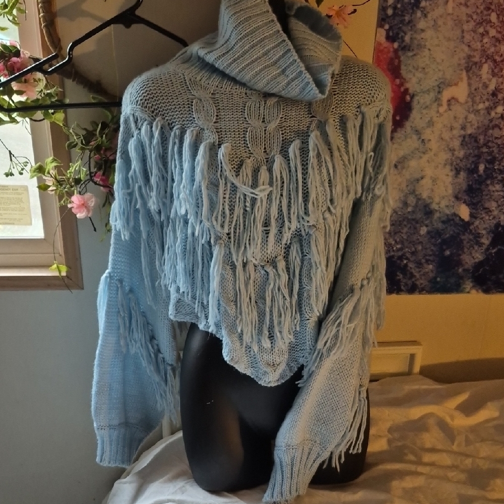 Cozy Blue Turtleneck Sweater with Fringe